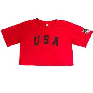 H&M Red USA Cropped Short Sleeve T-Shirt Womens Size M
